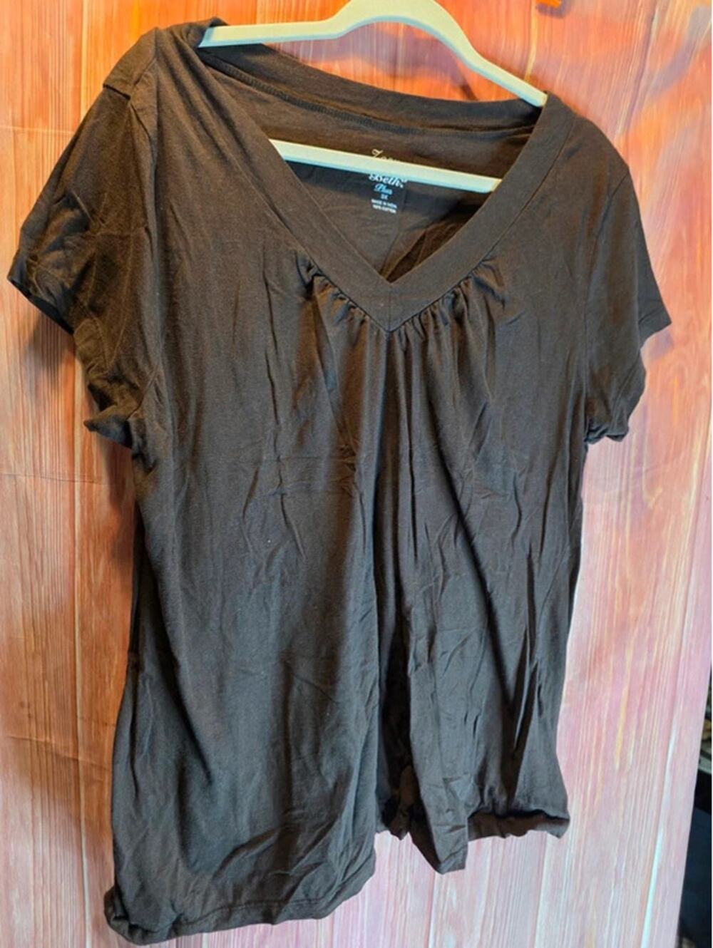 Zoey Beth Plus Solid Brown 100% Cotton Gathered V-Neck T-Shirt 3X